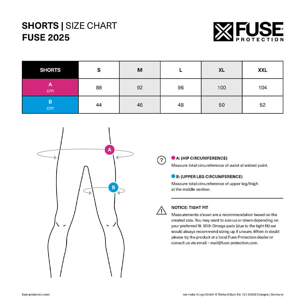 Fuse Impact Shorts 2025 size chart lists hip and upper leg circumference (cm) for sizes S-XXL, includes a diagram, fitting instructions, and SAS-TEC insert details.