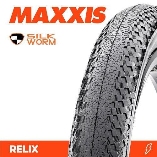Close-up of a Maxxis Relix Silkworm Folding 20 inch Tyre with textured tread, showing "MAXXIS," "Silk Worm," and "RELIX" on a white and orange background—designed for high-level racing performance.