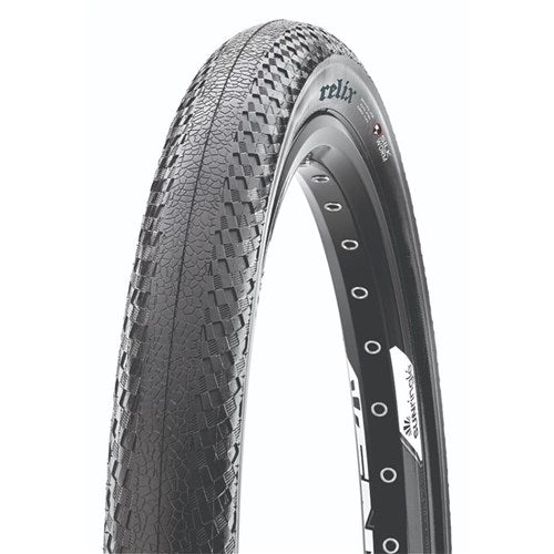 A close-up of the Maxxis Relix Silkworm Folding 20 inch Tyre, featuring a textured tread for racing performance and mounted on a rim with visible spoke holes.