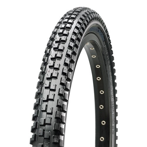 Close-up of the Maxxis Maxx Daddy 20 Inch Tyre, a black tire with a knobby tread pattern, designed for dirt jumping and off-road or mountain biking.