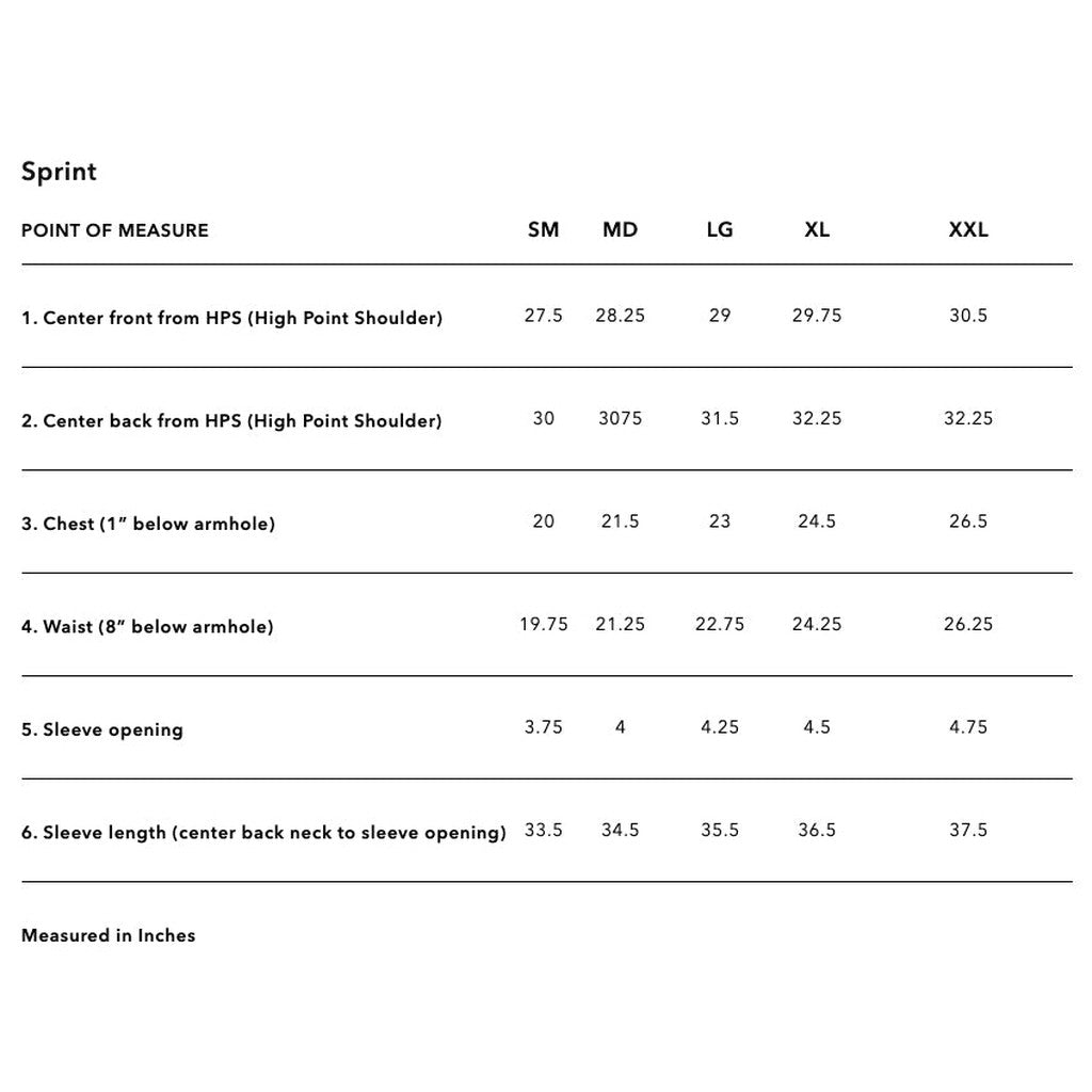 A table showing the measurements of a woman's body in the TLD Sprint Ultra Jersey Sequence Quarry series.