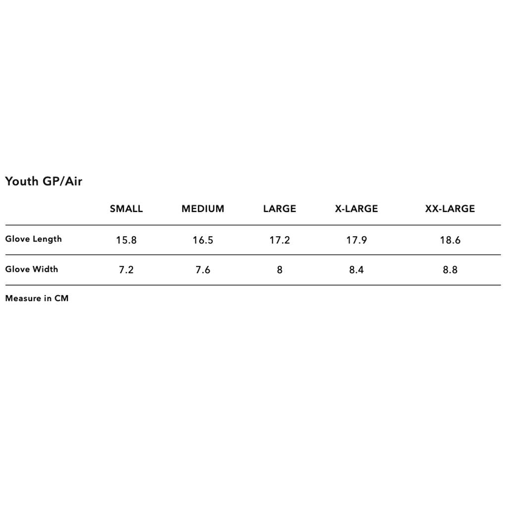 Table showing TLD Youth Air Glove Cyan sizes: Small, Medium, Large, X-Large, XX-Large with glove lengths 15.8–18.6 cm and widths 7.2–8.8 cm—ideal fit for young mountain bikers.