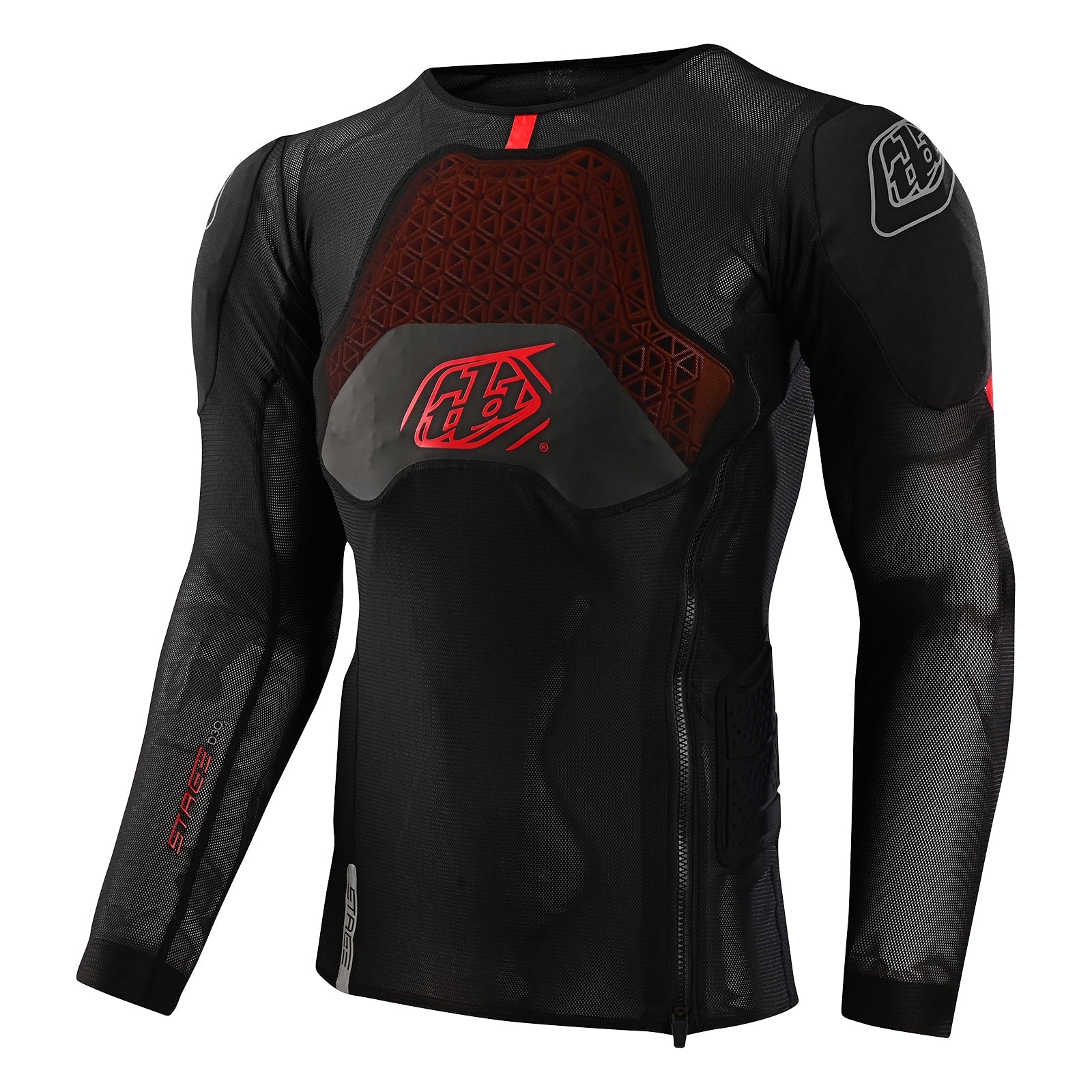 The TLD 25.2 STAGE GHOST D30 LS SHIRT is a black long-sleeve sports shirt with red accents, featuring D3O Ghost protection at the shoulders and chest, a side zipper, and is part of our advanced base layer collection. Displayed on a plain background.