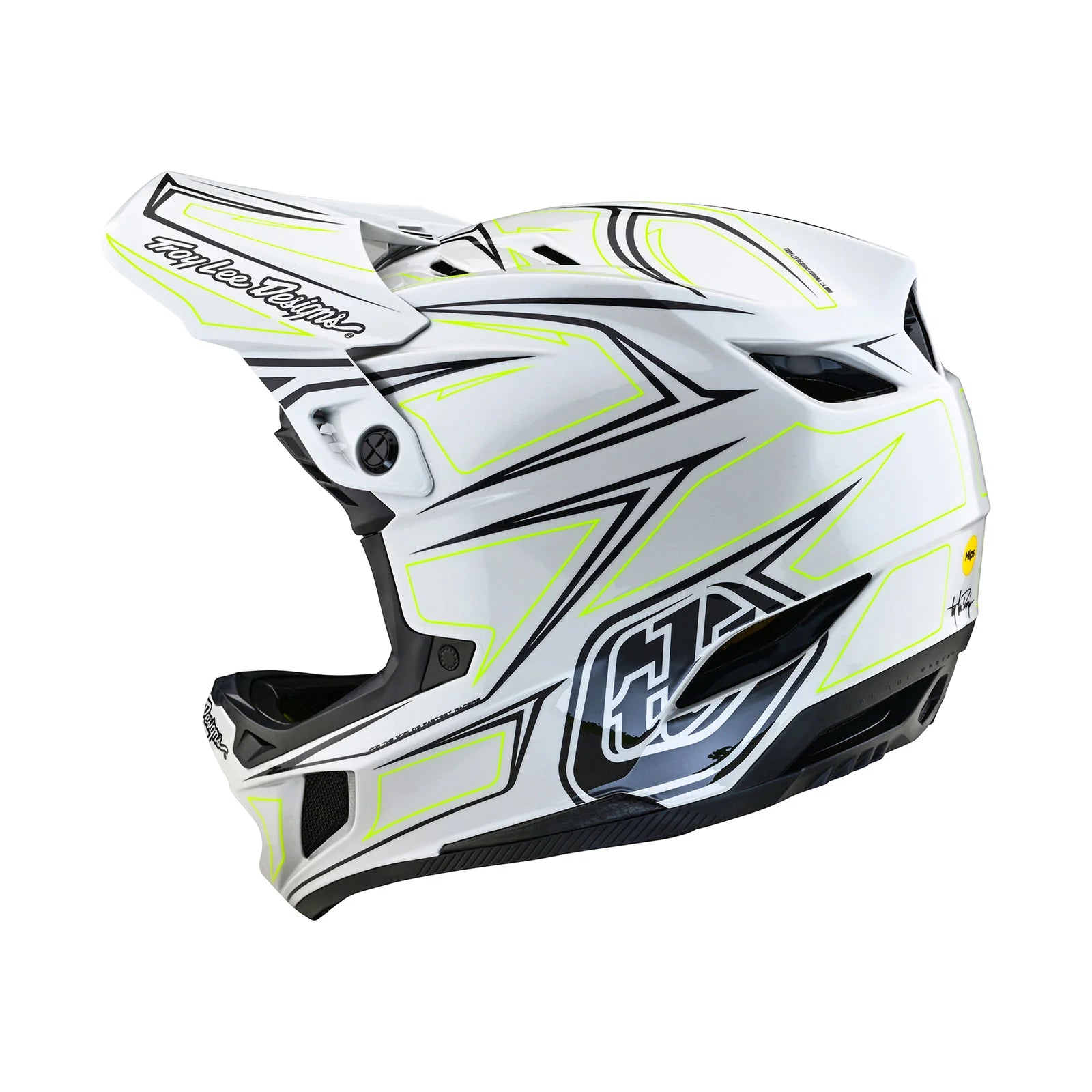 A white and yellow TLD D4 AS Composite helmet with MIPS Pinned Light Grey protection system on a white background.