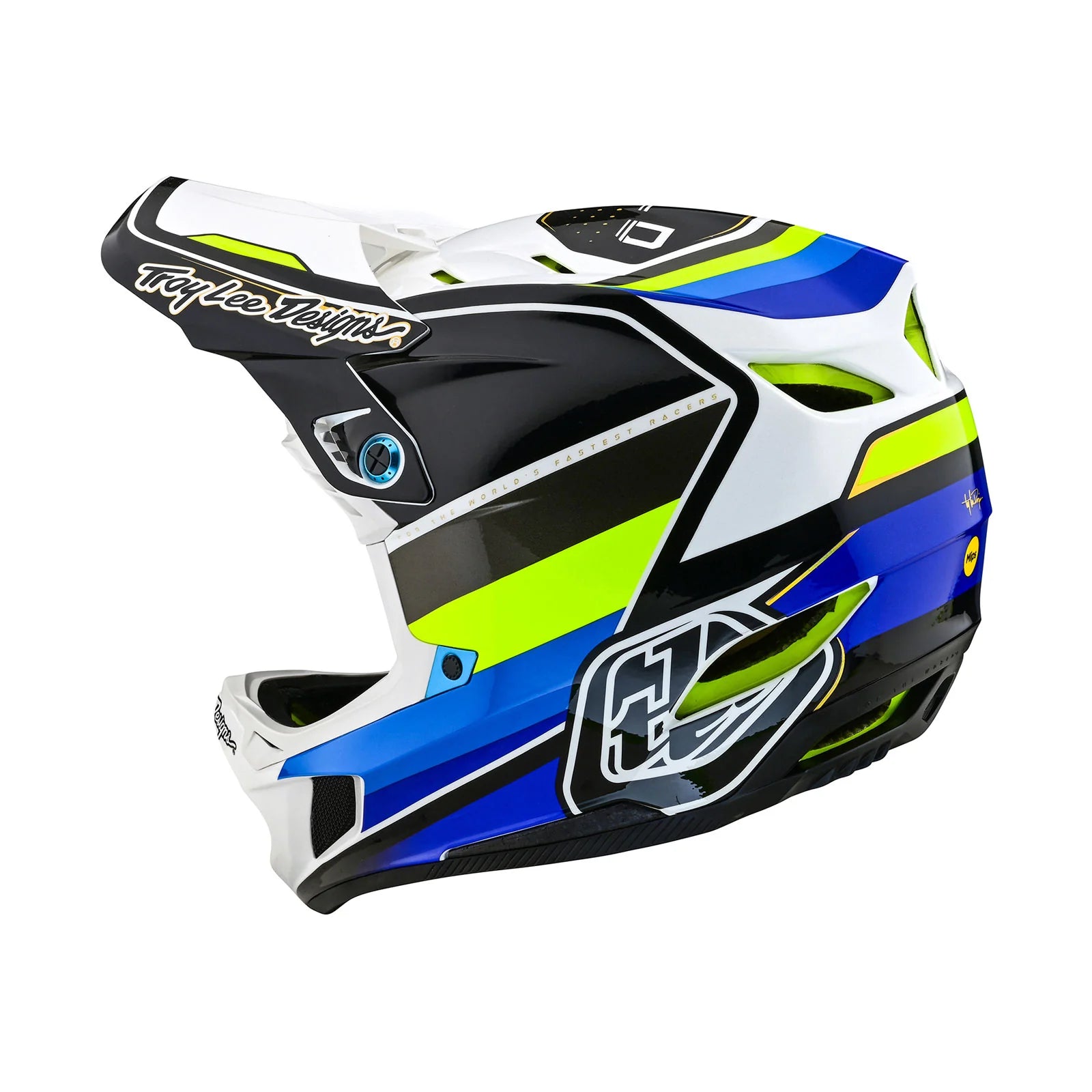 A TLD D4 AS Composite Helmet W/MIPS Reverb White with a blue and white design featuring the Mips protection system.