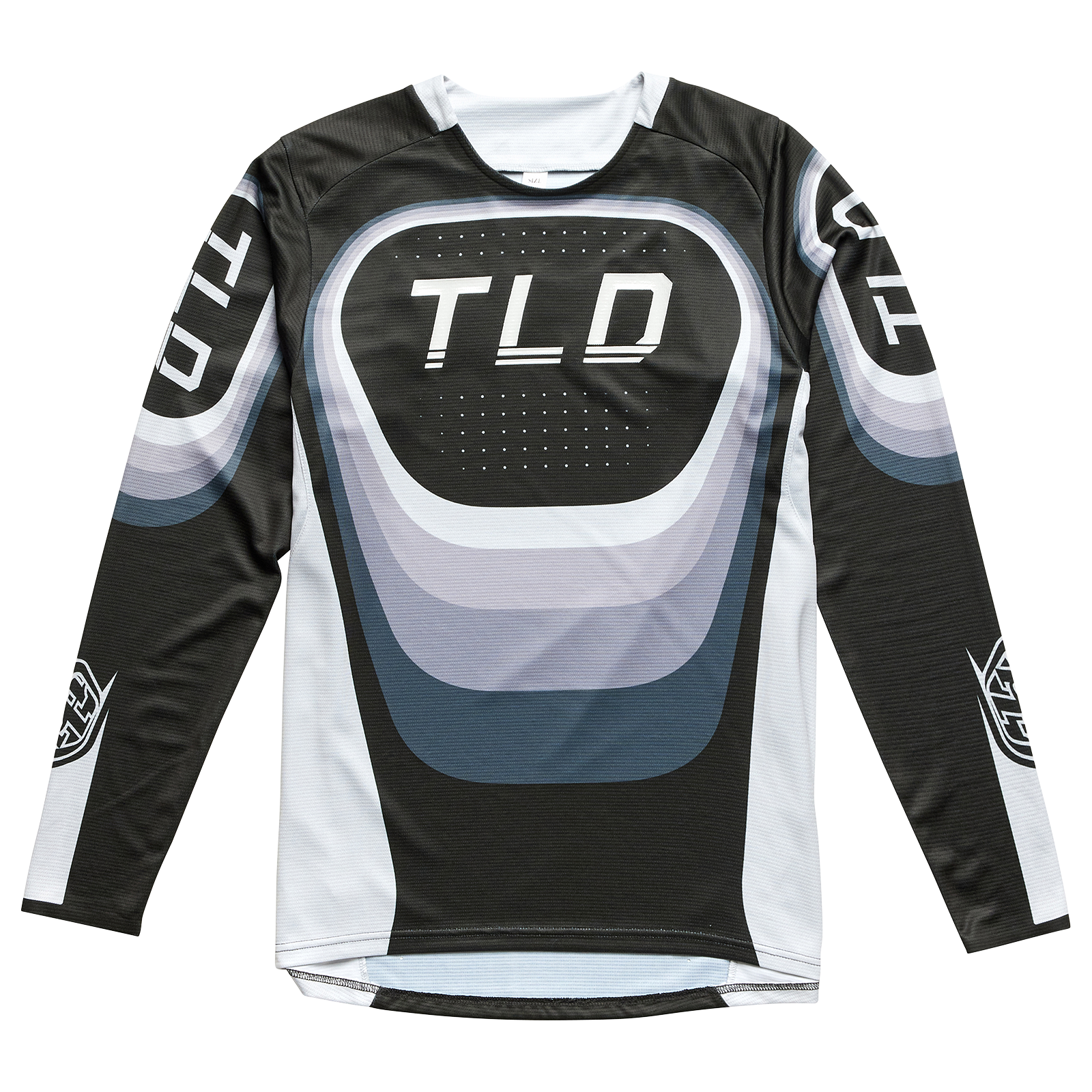 Replace:
Long-sleeved TLD Youth Sprint Jersey Reverb Black with black, white, and grey color scheme featuring moisture-wicking fabric and the TLD logo.