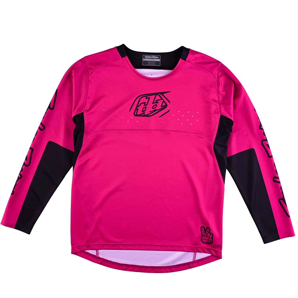 Bright pink TLD Youth Sprint Jersey Icon Berry with black and white accents, a logo on the front, and moisture-wicking properties.