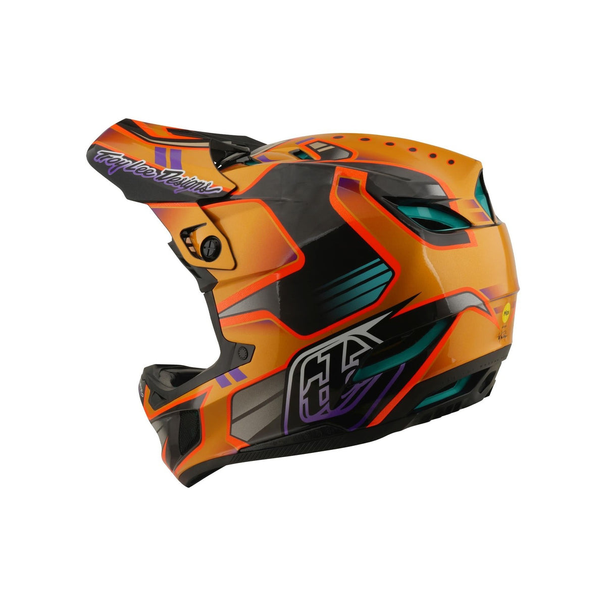 The TLD 26.1 D4 AS Carbon Helmet / Crest Gold is a full-face mountain biking helmet with striking geometric designs—perfect for riders seeking bold style and extra coverage on the trails.
