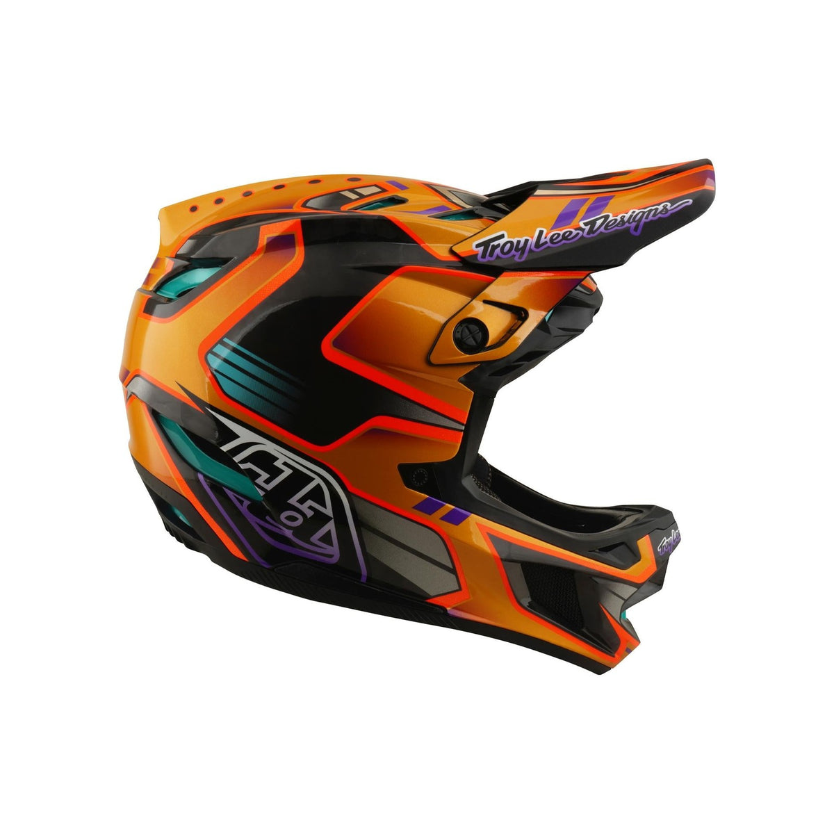 A side view of the TLD 26.1 D4 AS Carbon Helmet / Crest Gold, a brightly colored full-face mountain biking helmet with orange, black, purple, and teal accents, "Troy Lee Designs" visor logo, and advanced Mips safety protection.
