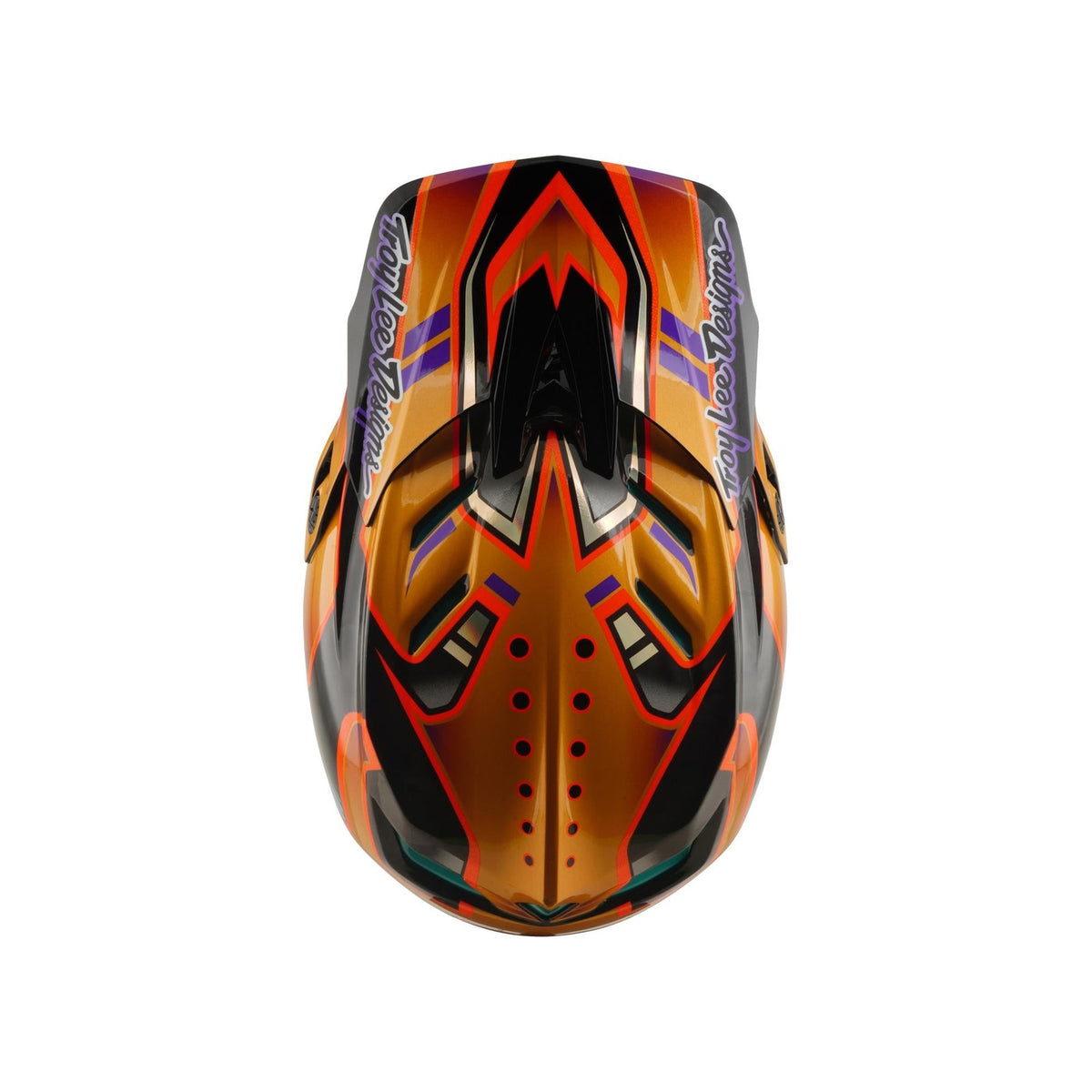 Top view of the TLD 26.1 D4 AS Carbon Helmet / Crest Gold: a full-face mountain biking helmet with bold geometric patterns, multiple vents, and “Troy Lee Designs” on the sides for style and enhanced protection.