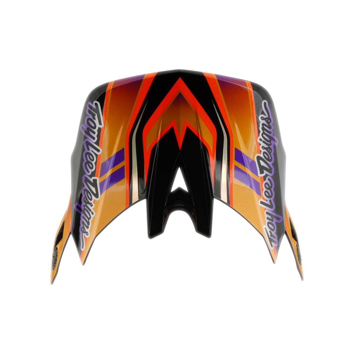 The TLD 26.1 D4 AS Carbon Helmet / Crest Gold features "Troy Lee Designs" text on both sides and bold orange, black, purple, and red geometric patterns—adding vibrant style to your downhill mountain biking gear.