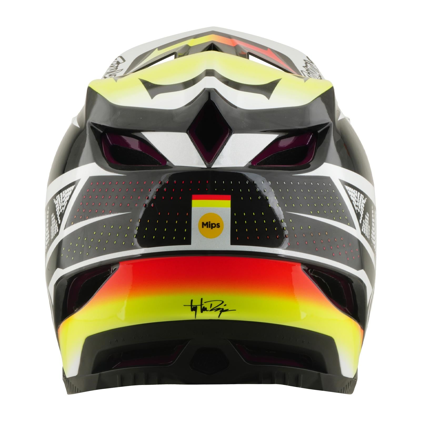 Rear view of the TLD 26.1 D4 AS Carbon Helmet / Lined Up in black, white, yellow, and red with Mips protection, featuring the MIPS logo and a black signature on the lower back.
