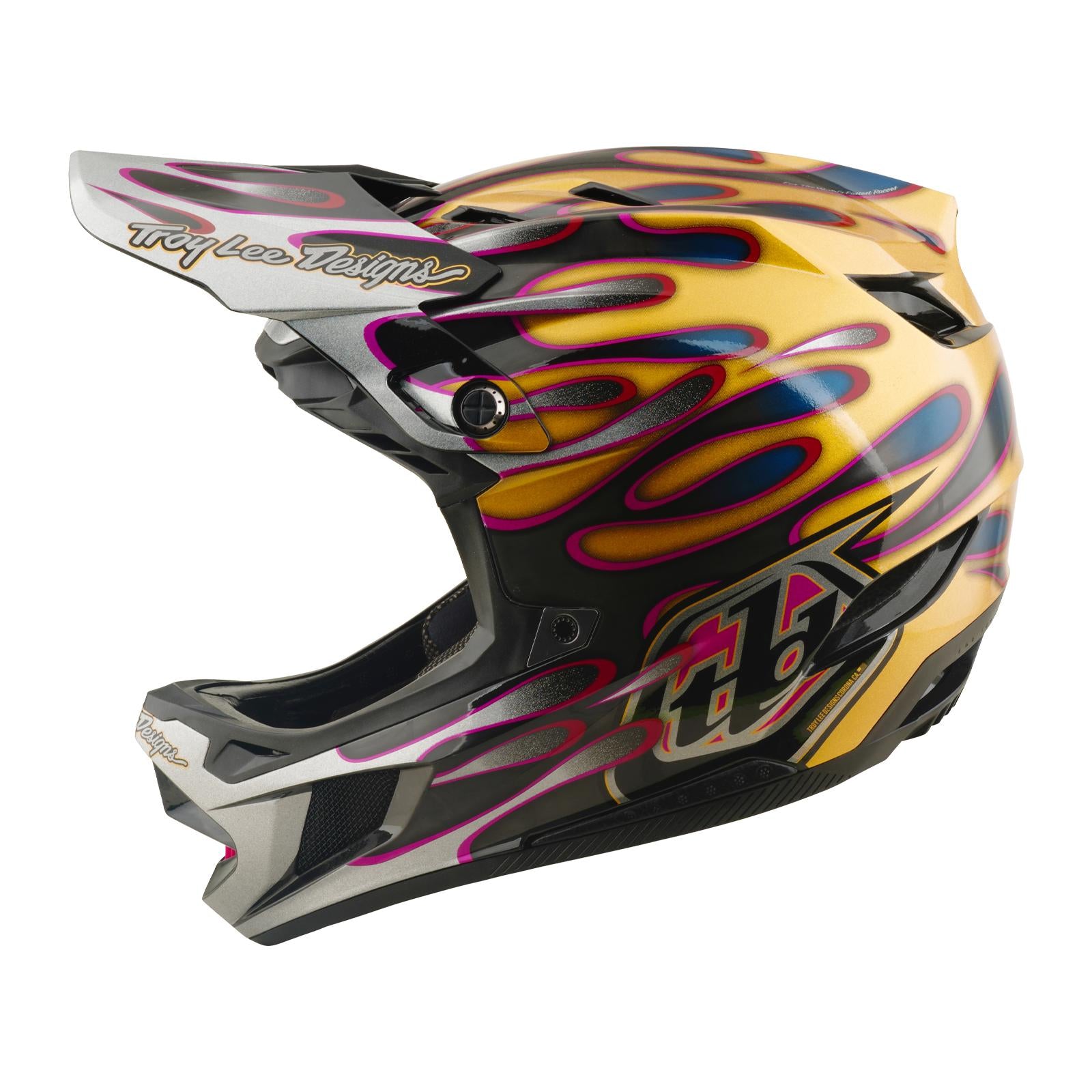The TLD 26.1 D4 AS Carbon Helmet in Overspray Gold/Black offers full-face Mips protection and bold style, making it perfect for mountain biking or downhill BMX riders who want safety and the signature Troy Lee Designs look.
