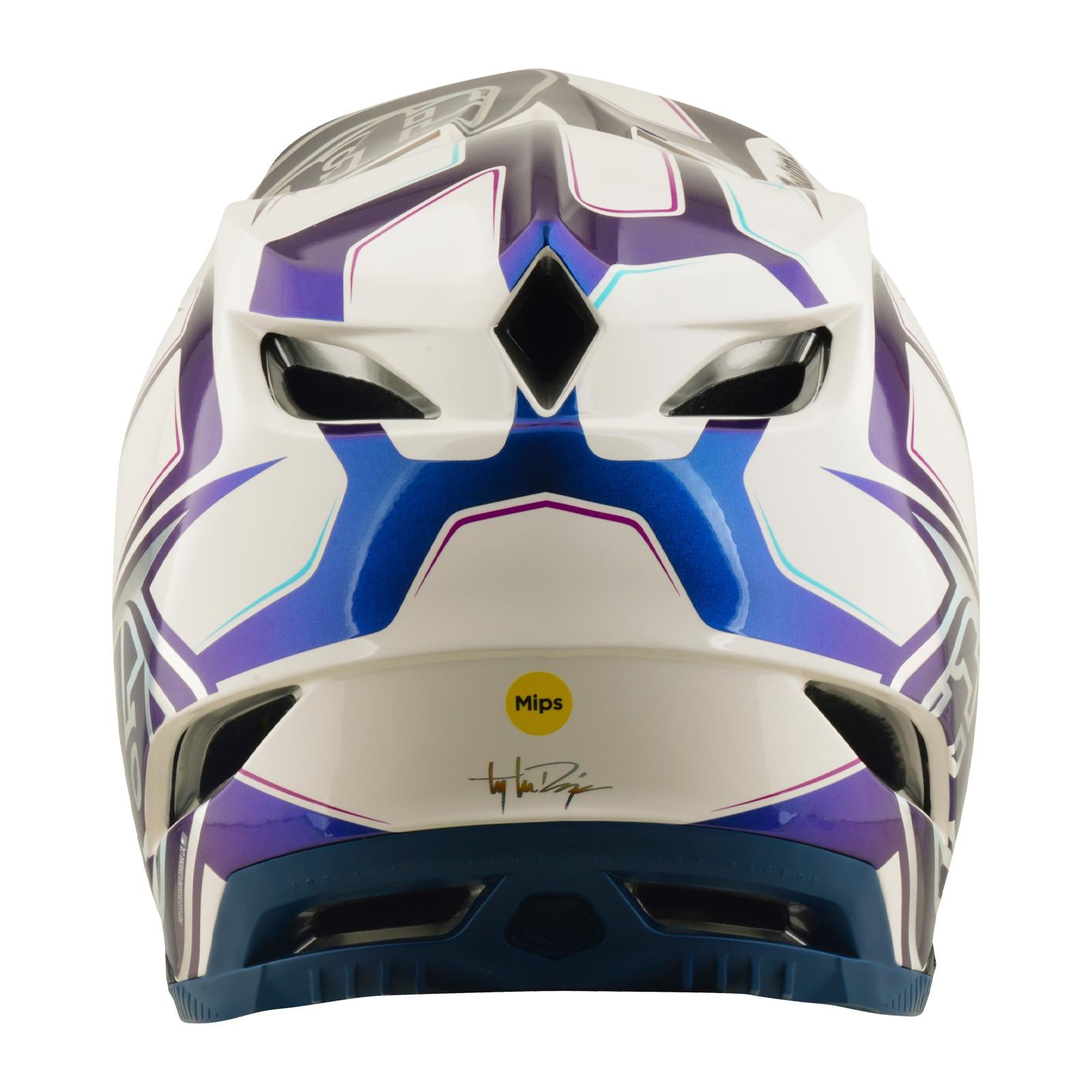 Rear view of the TLD 26.1 D4 AS Composite Helmet in Flared White/Indigo, featuring blue accents, black vents, a yellow Mips protection sticker, and a signature near the bottom.