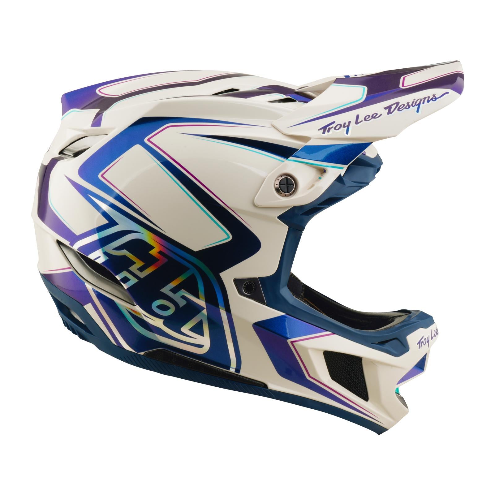 The TLD 26.1 D4 AS Composite Helmet in Flared White/Indigo features purple and teal accents, "Troy Lee Designs" logos, and Mips protection for stylish BMX and motocross safety.