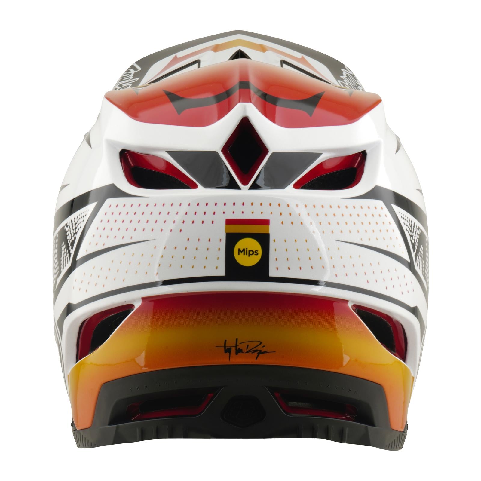 Rear view of the TLD 26.1 D4 AS Composite Helmet / Lined Up White, featuring white, red, and orange colors with black accents, ventilation openings, a Mips protection label, and a signature at the bottom.