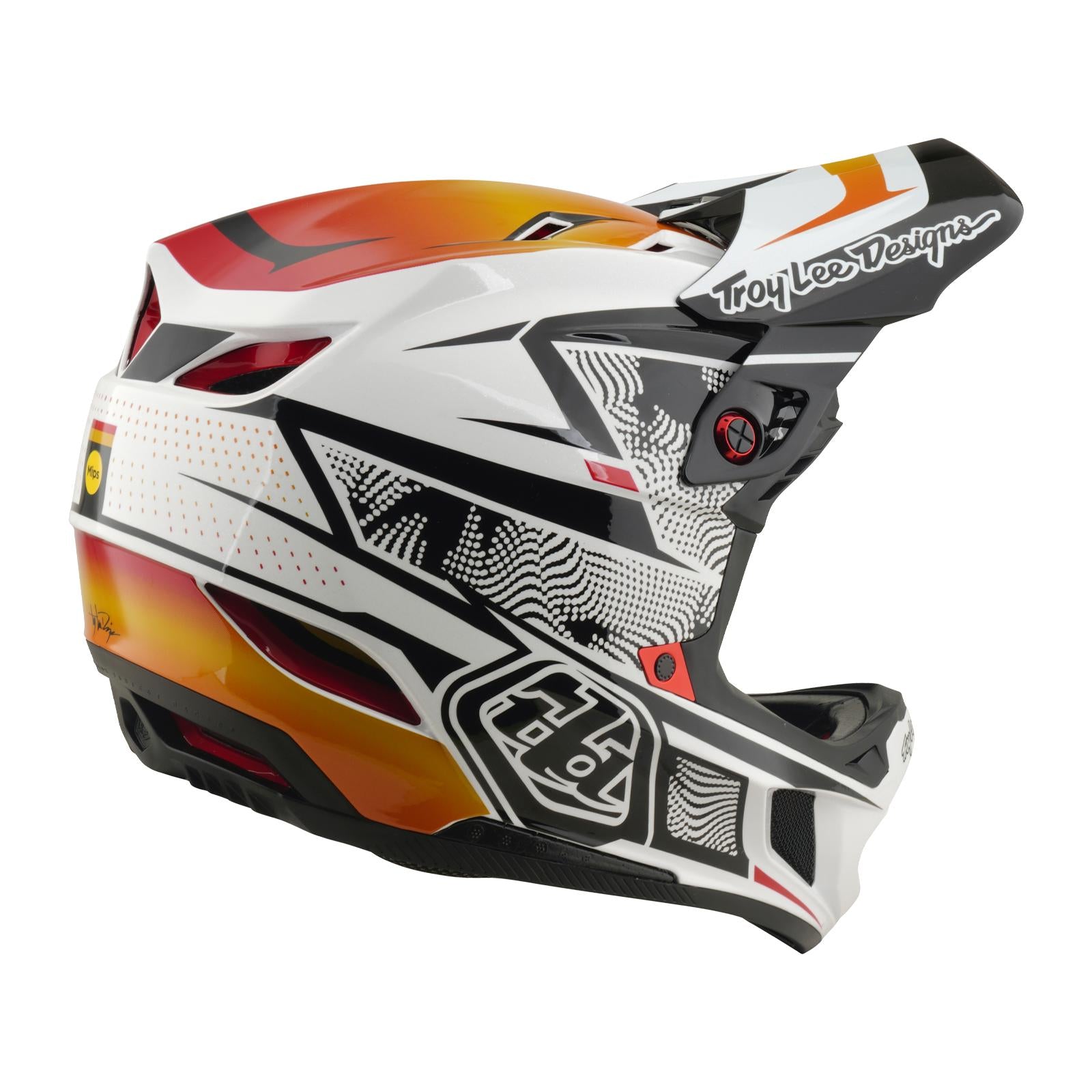 Side view of the TLD 26.1 D4 AS Composite Helmet / Lined Up White, a full-face motocross helmet with white, black, orange, and red graphics, "Troy Lee Designs" branding, and Mips protection for increased BMX or downhill safety.