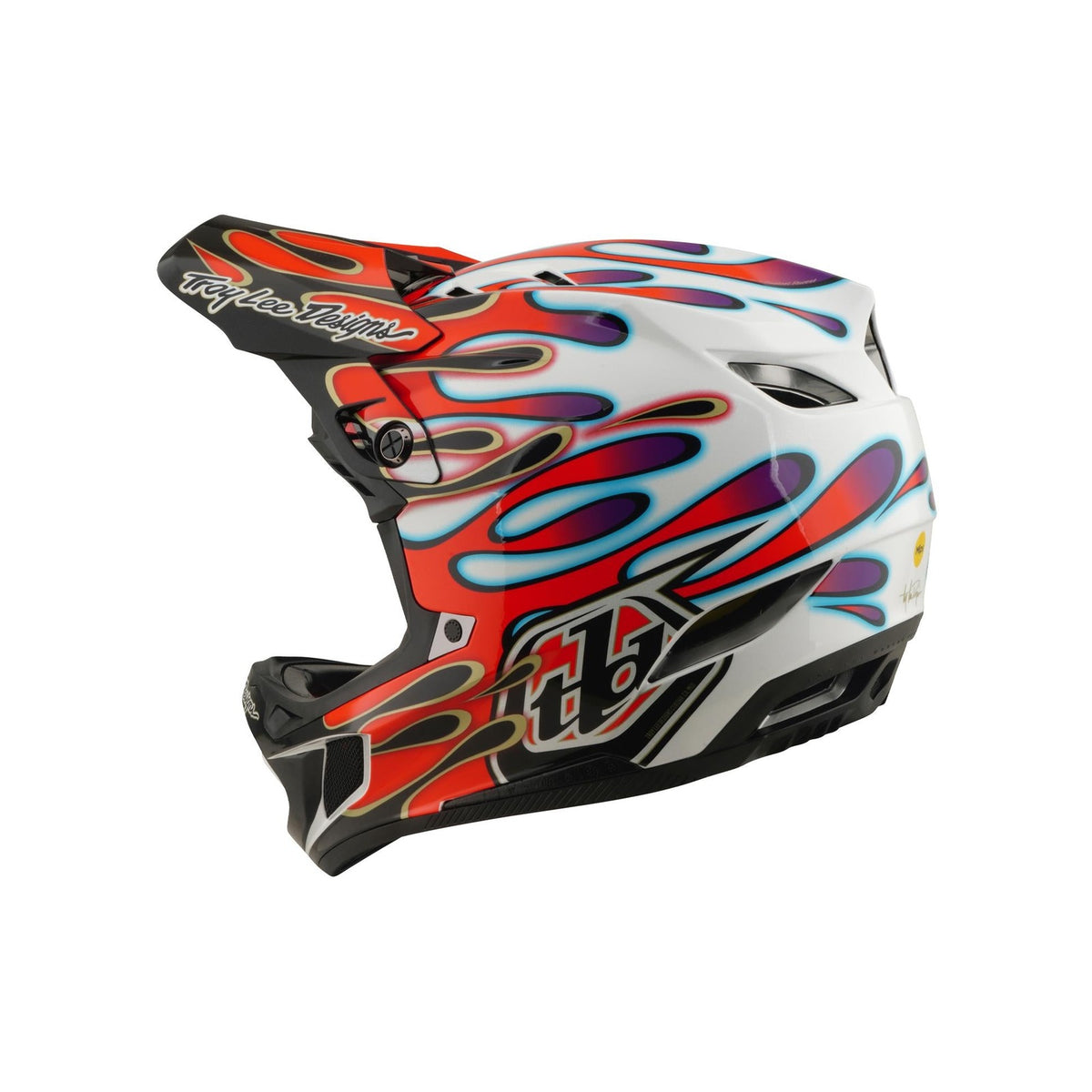The TLD 26.1 D4 AS Composite Helmet in Overspray White/Red features a white base with flame graphics, black visor, ventilation slots, and Mips protection—perfect for BMX or downhill use.