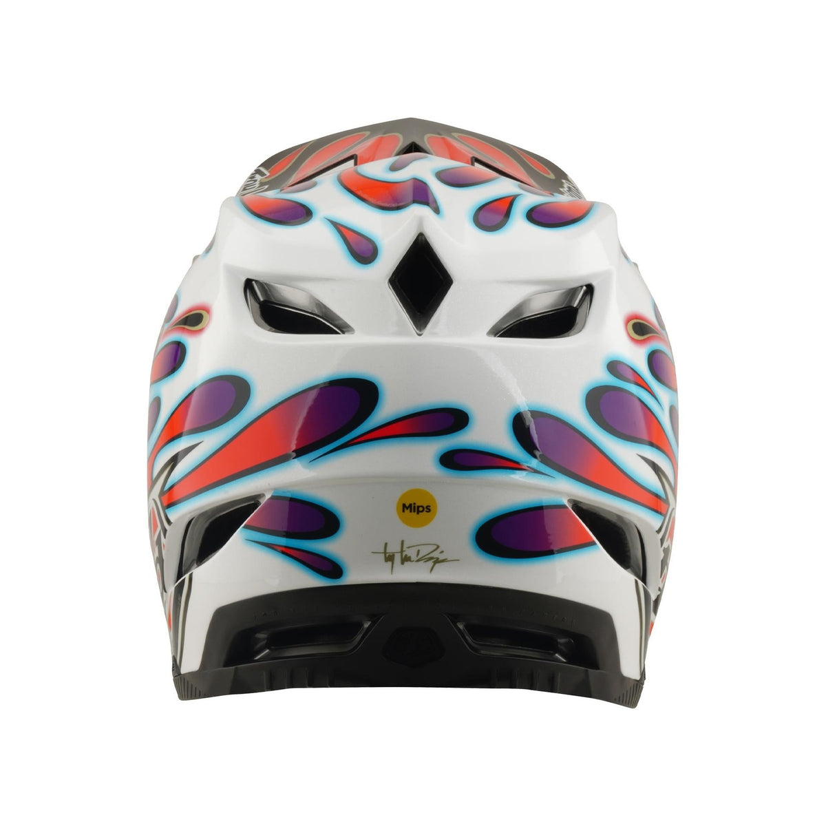 The TLD 26.1 D4 AS Composite Helmet in Overspray White/Red is a white BMX helmet with blue, purple, and red flame-like designs, rear ventilation slots, and features a "Mips" protection sticker.