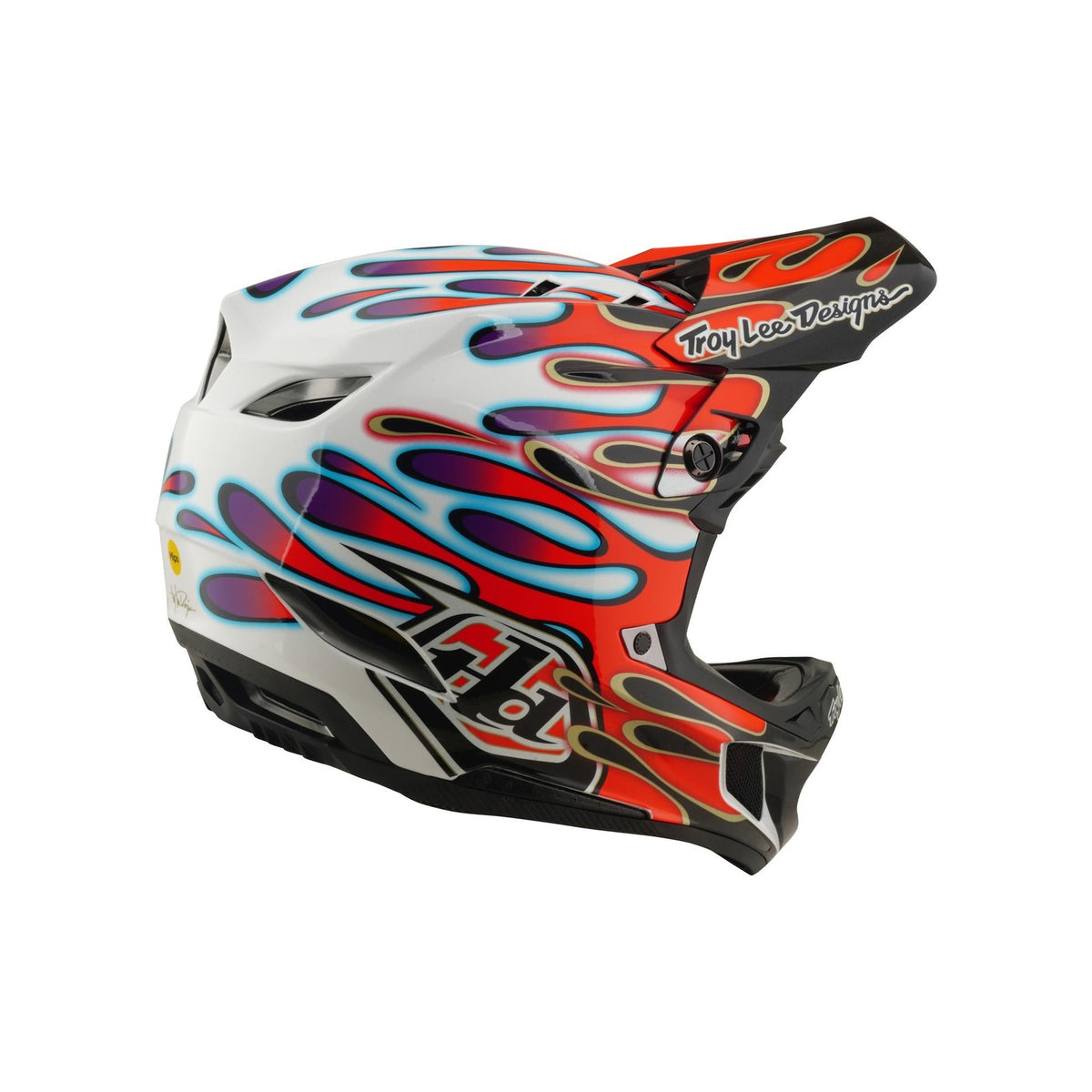The TLD 26.1 D4 AS Composite Helmet in Overspray White/Red is a full-face BMX helmet with red, blue, and purple flame graphics, a Troy Lee Designs logo on the visor, and Mips protection for added safety.