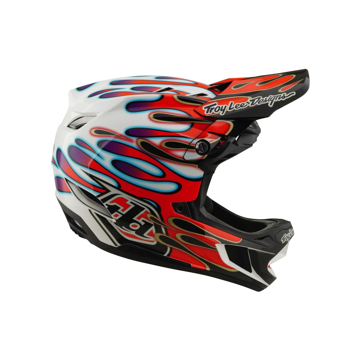 The TLD 26.1 D4 AS Composite Helmet in Overspray White/Red is a full-face BMX helmet with red, blue, and purple flame graphics, black accents, Mips protection, and a "Troy Lee Designs" logo on the visor.