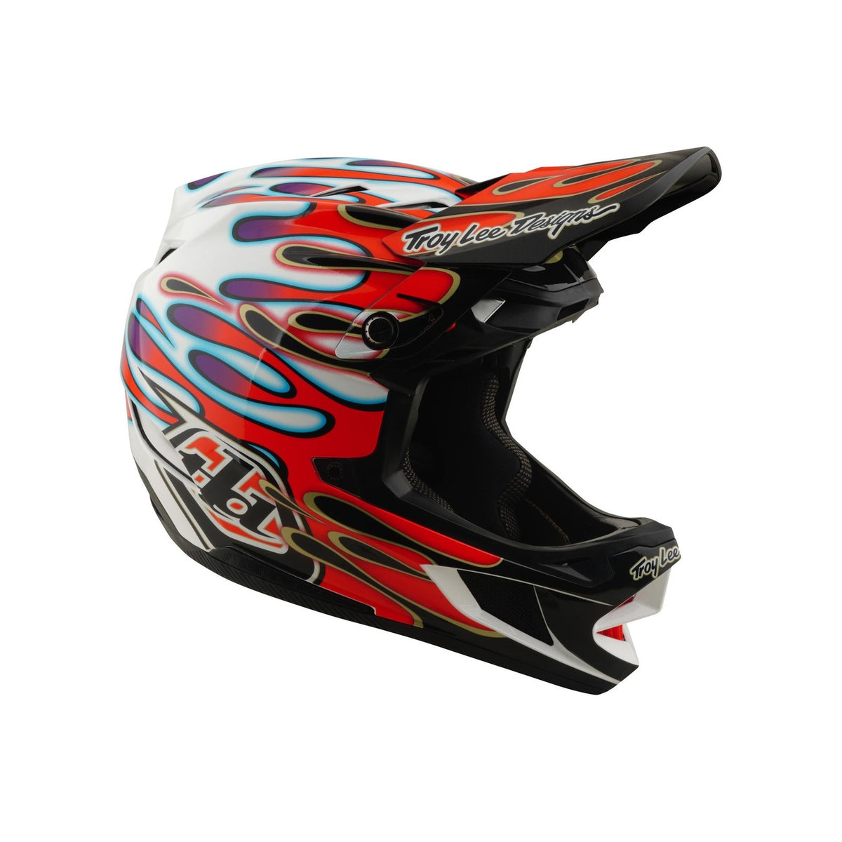 The TLD 26.1 D4 AS Composite Helmet in Overspray White/Red is a full-face BMX helmet with red, blue, and yellow flame graphics, visor, Troy Lee Designs logos, and advanced Mips protection for enhanced safety.