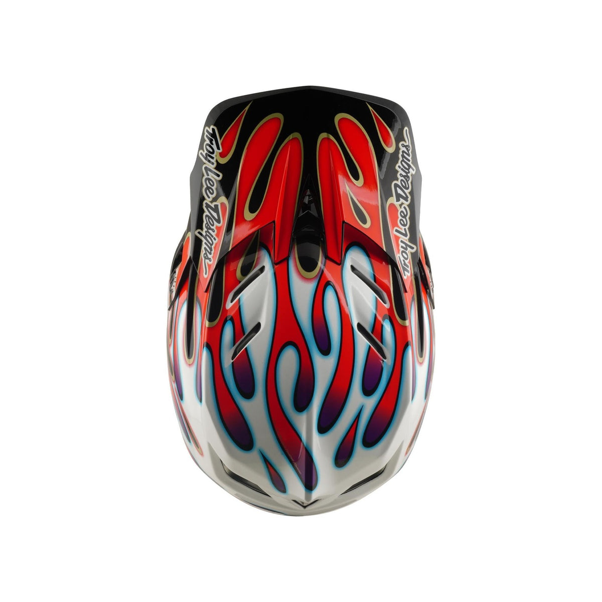 The TLD 26.1 D4 AS Composite Helmet in Overspray White/Red, viewed from above, boasts bold red and blue flames with "Troy Lee Designs" on each side and features Mips protection for enhanced safety and standout style.