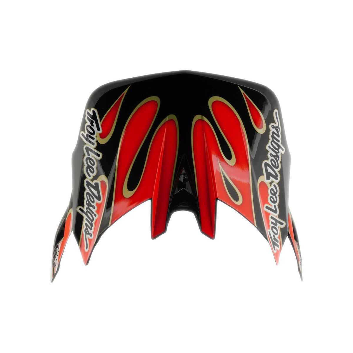 The TLD 26.1 D4 AS Composite Helmet visor features red and yellow flame graphics with "Troy Lee Designs" logos on both sides, shown from the front on a white background.