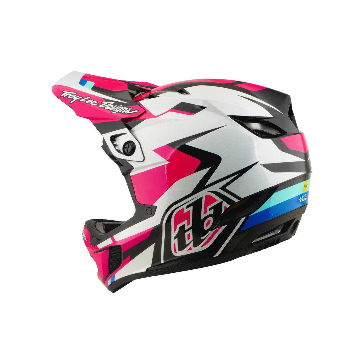 The TLD 26.1 D4 AS Polyacrylite Helmet / Roamer Magenta is a full-face mountain biking helmet with Mips brain protection, magenta graphics, visor, and ventilation openings.