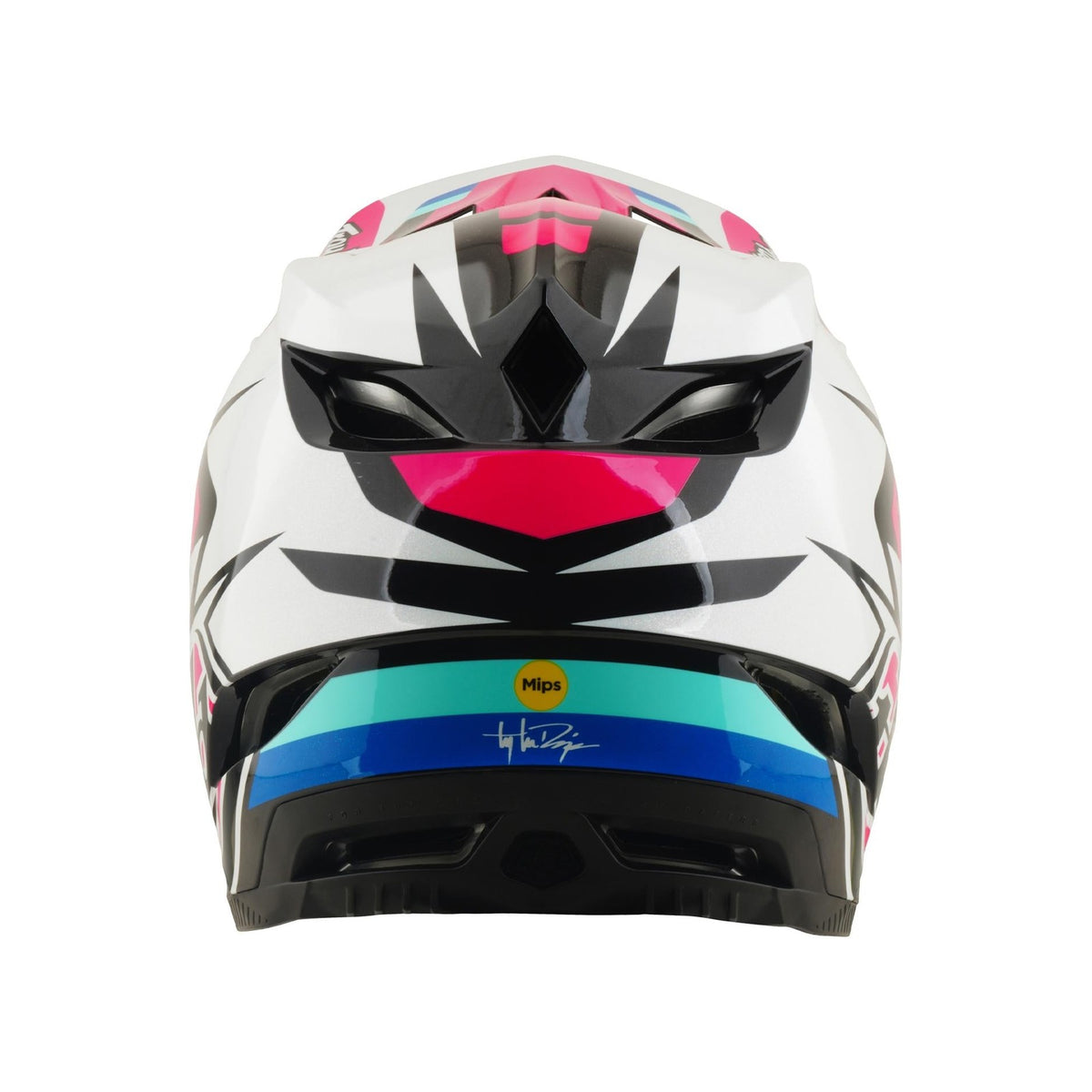 Back view of the TLD 26.1 D4 AS Polyacrylite Helmet in Roamer Magenta, a colorful full-face mountain biking helmet with bold black, pink, teal, and blue geometric patterns, signature detail, and a "Mips brain protection" safety label.