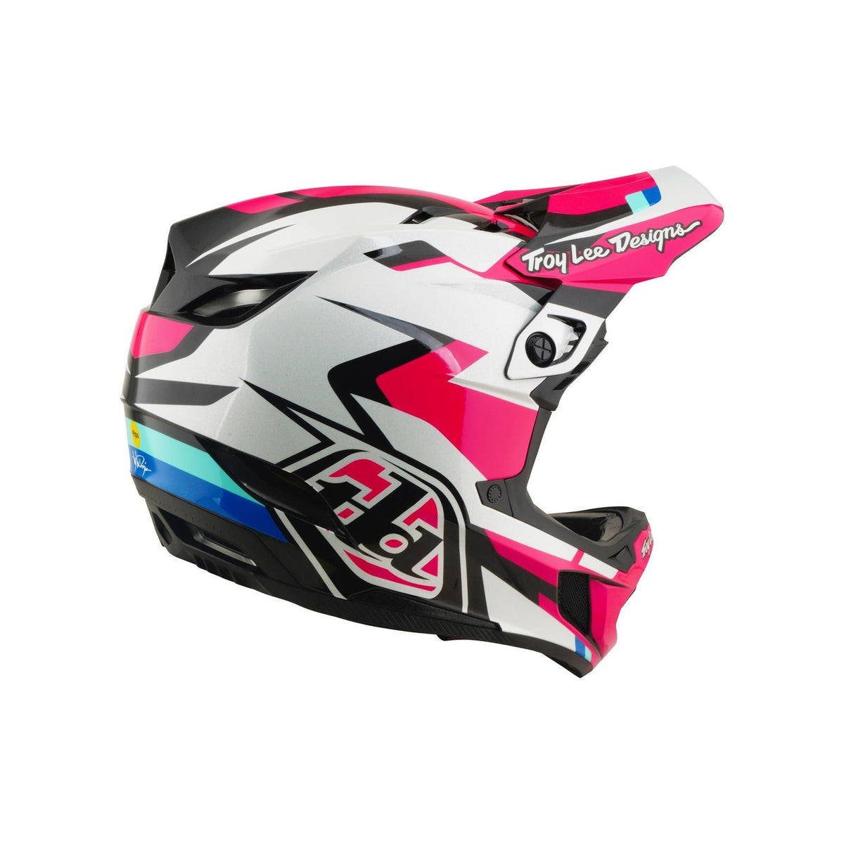 The TLD 26.1 D4 AS Polyacrylite Helmet / Roamer Magenta is a full-face motocross or MTB helmet with Mips brain protection and a bold magenta, black, white, and blue geometric design plus the "Troy Lee Designs" logo on the visor.