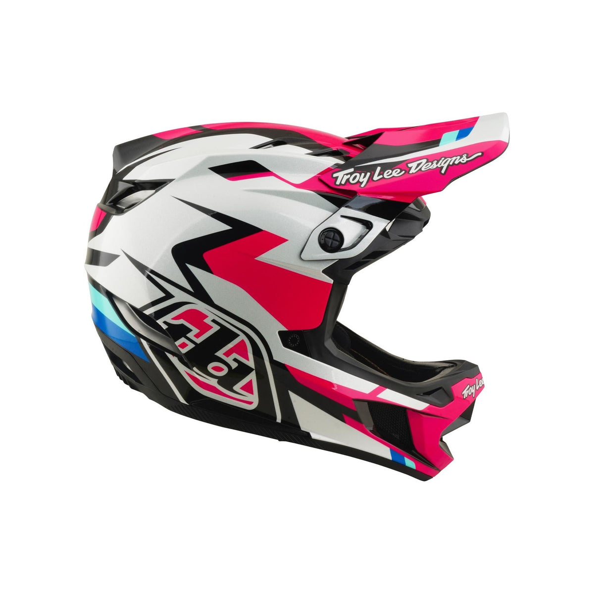 The TLD 26.1 D4 AS Polyacrylite Helmet / Roamer Magenta is a full-face helmet for motocross or mountain biking, featuring a white, pink, black, and blue geometric design, Troy Lee Designs logos, and Mips brain protection for safety.