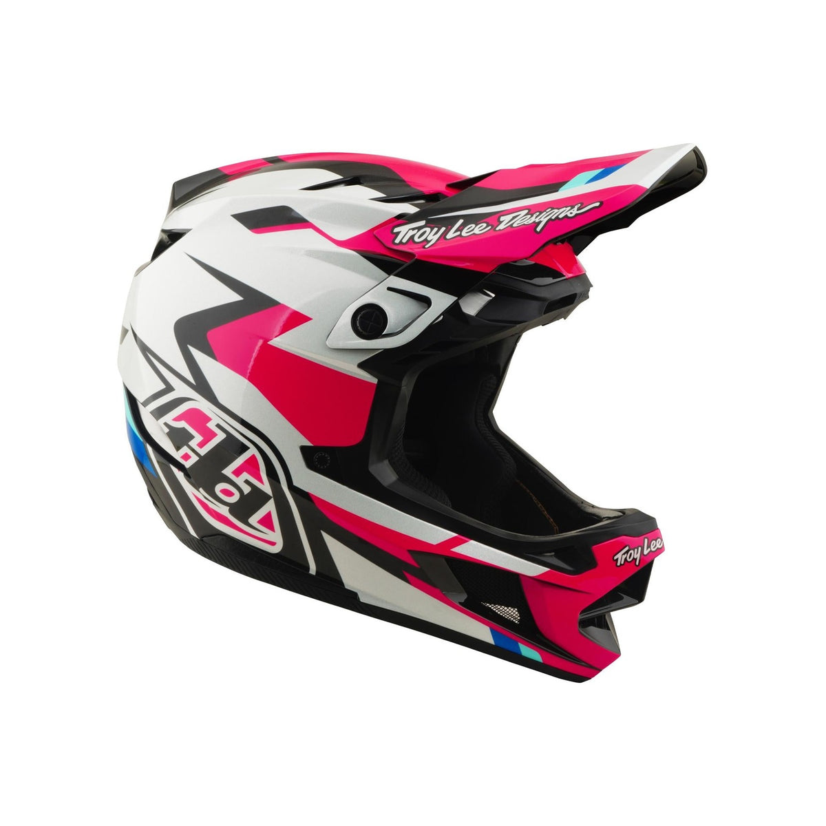 The TLD 26.1 D4 AS Polyacrylite Helmet / Roamer Magenta is a full-face helmet for motocross or mountain biking, featuring a pink, white, and black geometric design, Troy Lee Designs logos, and Mips brain protection for added safety.