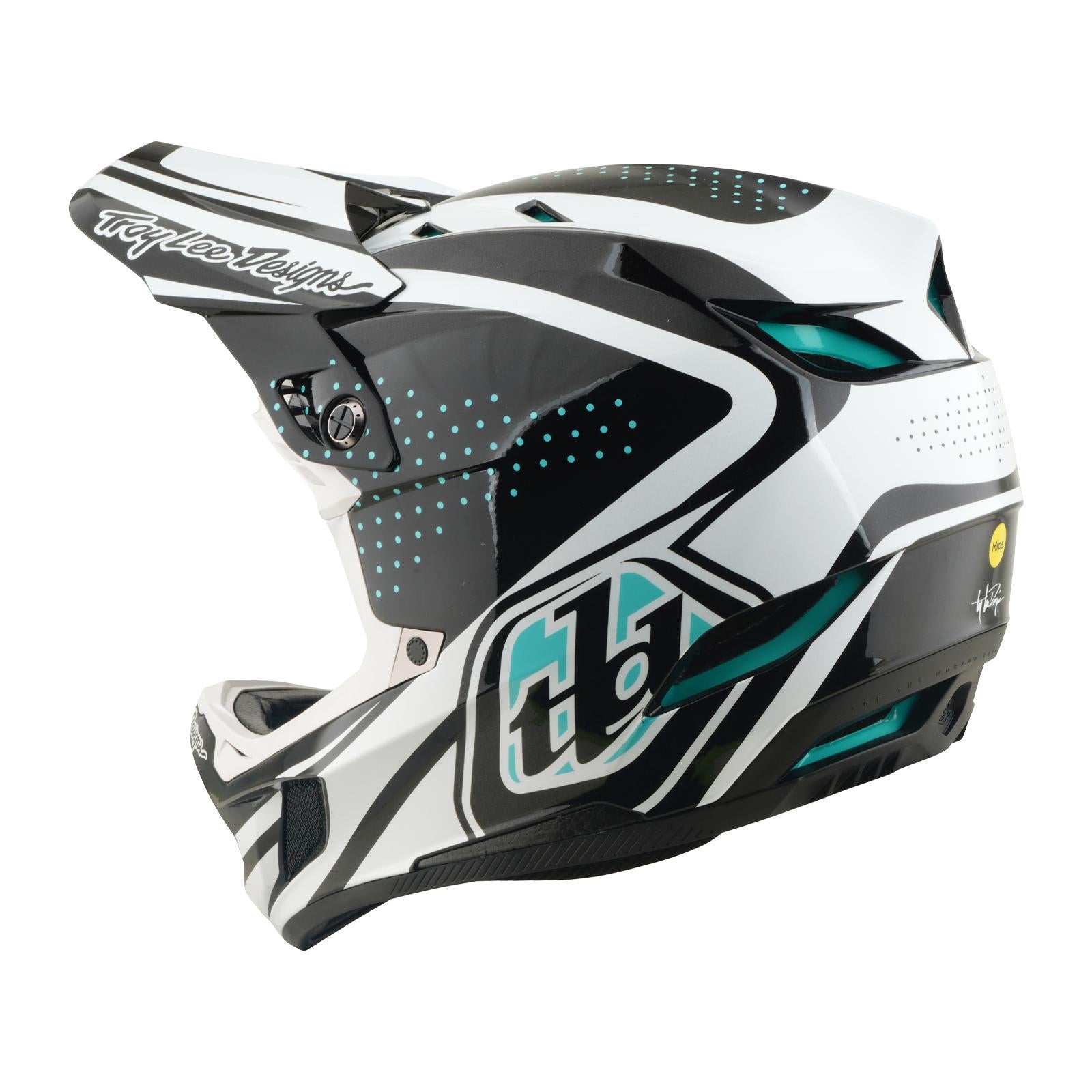 TLD 26.1 D4 AS Polyacrylite Helmet in The Line Charcoal/White features bold graphics, visor, ventilation openings, and Mips brain protection—perfect for motocross or mountain biking. Left side view shown.