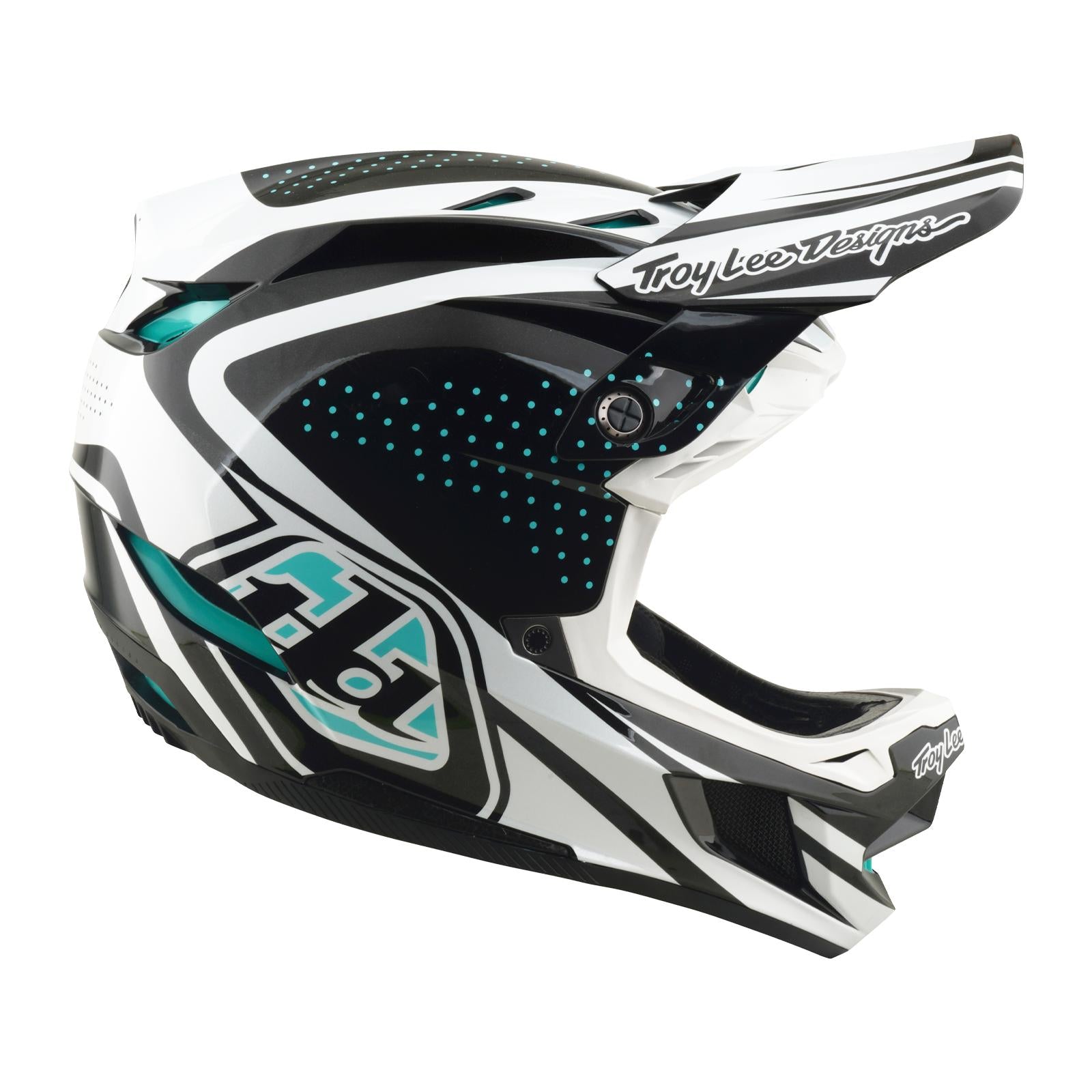 The TLD 26.1 D4 AS Polyacrylite Helmet in The Line Charcoal/White is a full-face helmet with visor, ideal for mountain biking and featuring Troy Lee Designs branding and bold graphic patterns.