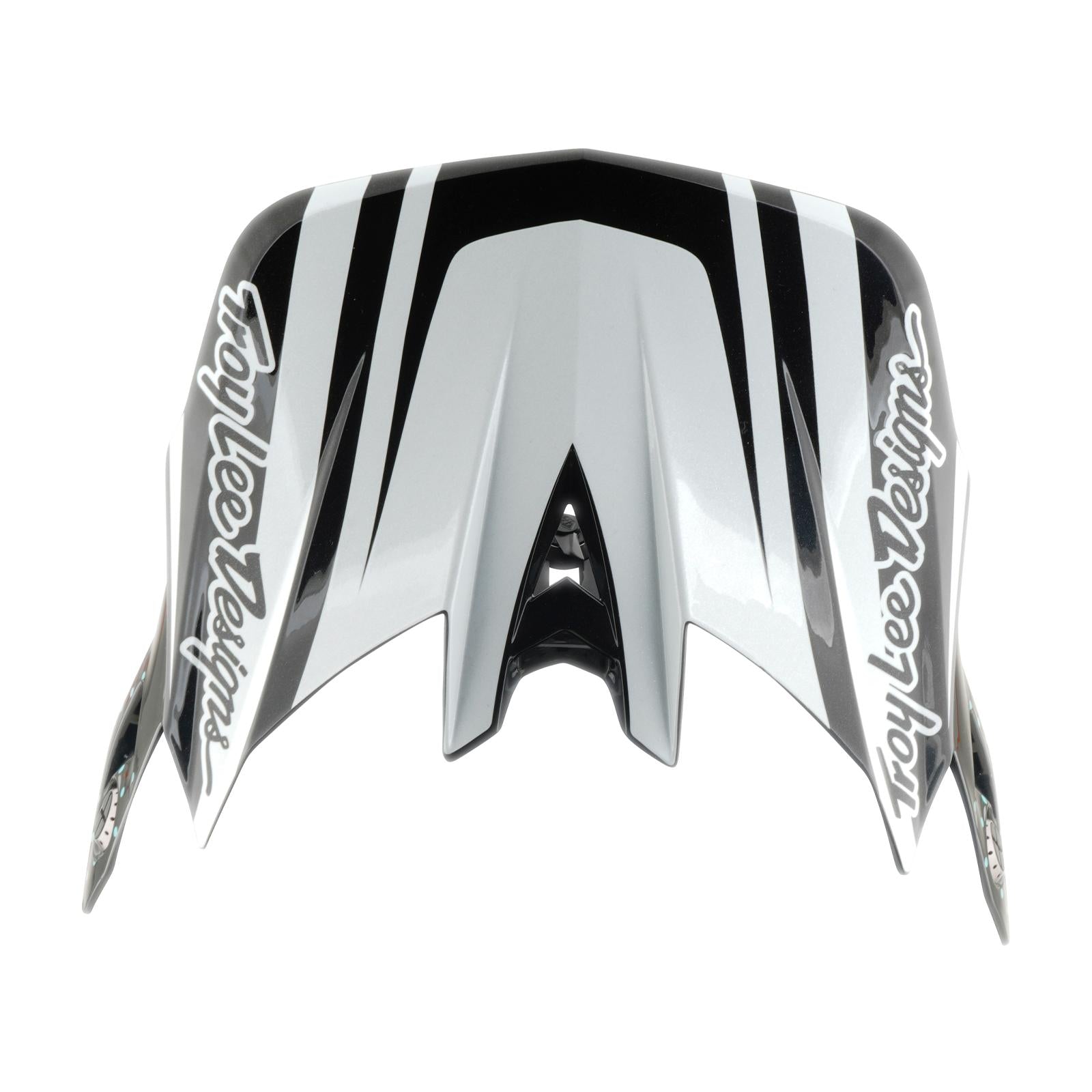 The TLD 26.1 D4 AS Polyacrylite Helmet in The Line Charcoal/White features black, white, and silver geometric stripes, "Troy Lee Designs" logos on both sides, a full-face visor, and is Mips brain protection system compatible.