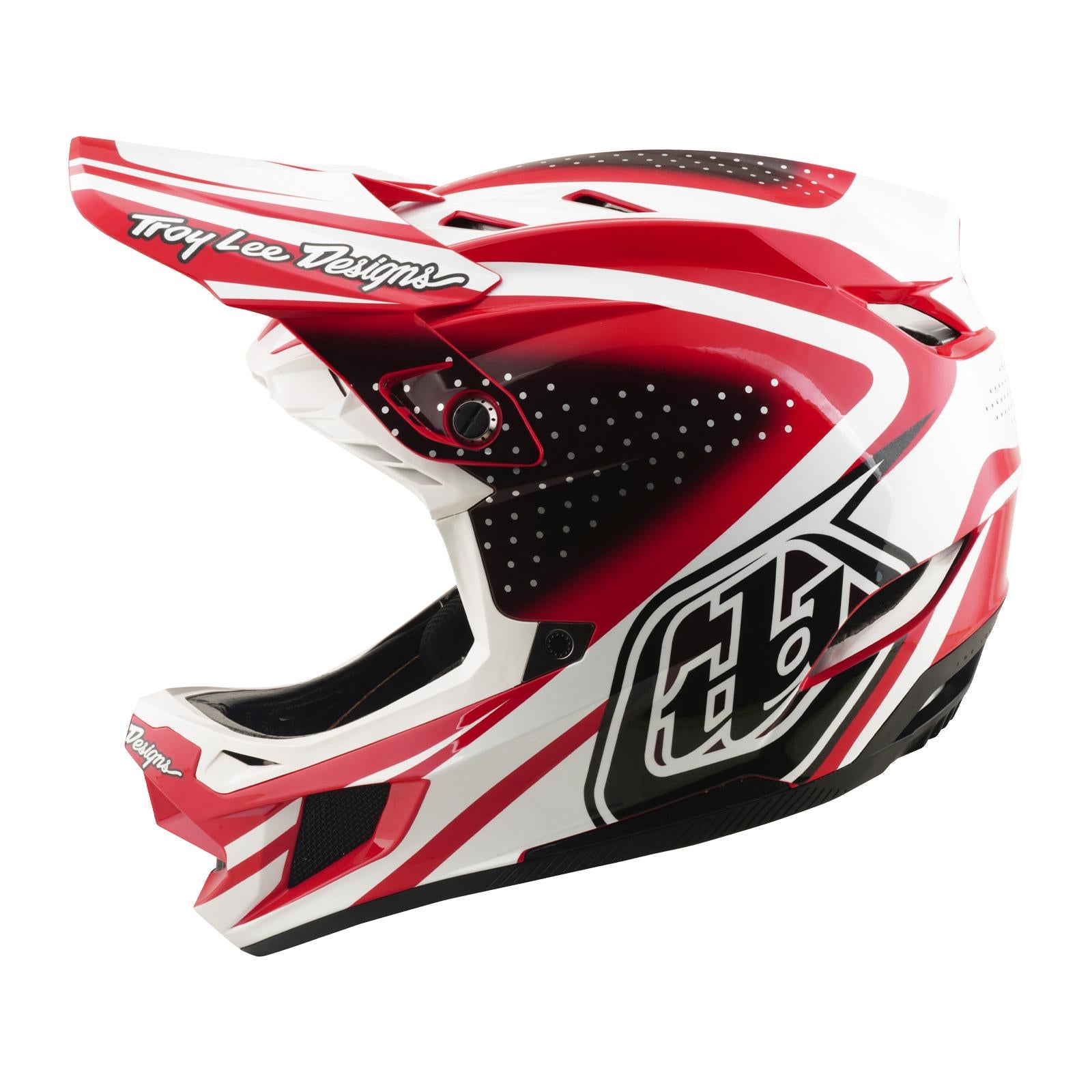 The TLD 26.1 D4 AS Polyacrylite Helmet in The Line Fire/White features a full-face design, visor with "Troy Lee Designs" logo, side ventilation holes—perfect for mountain biking with enhanced protection and style.