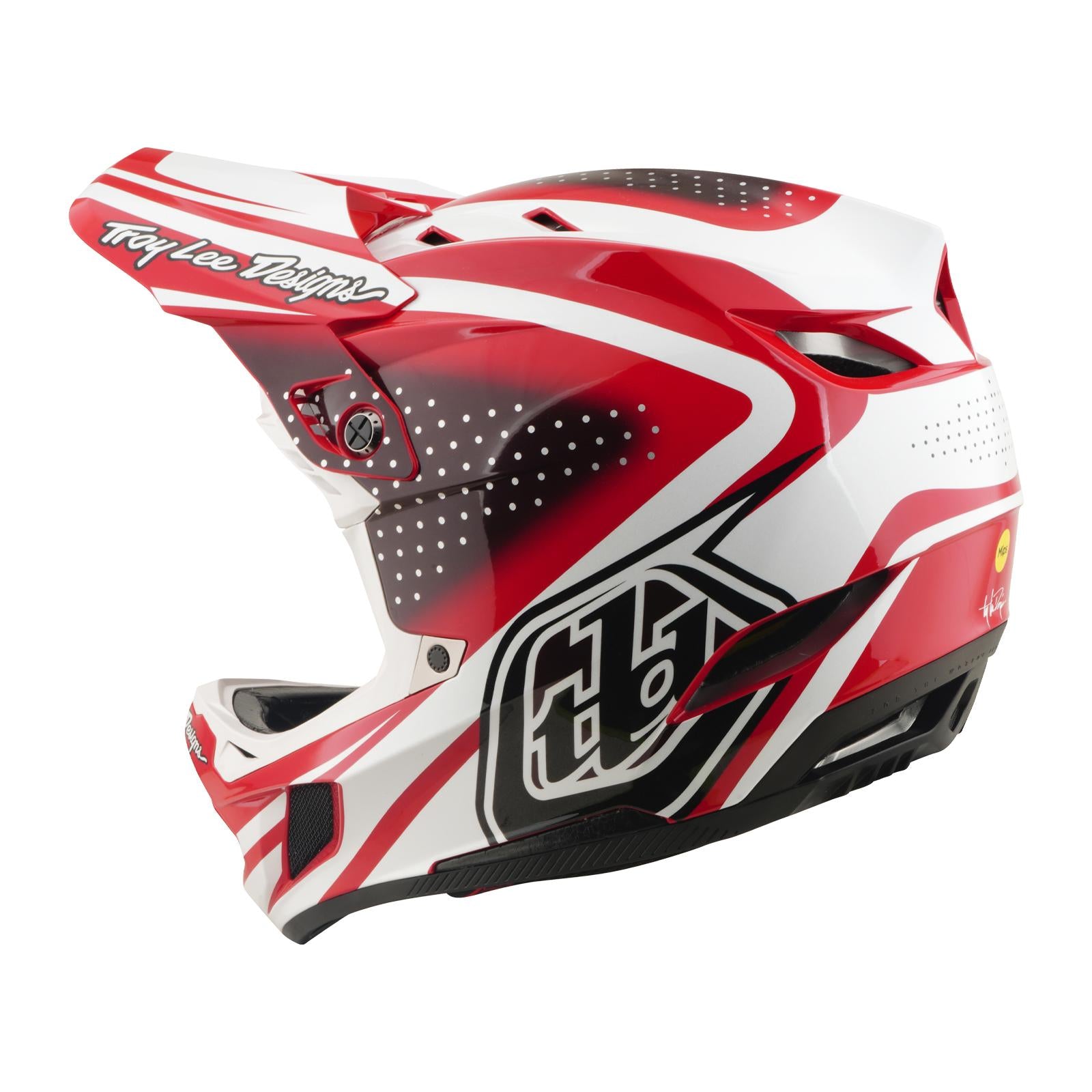 The TLD 26.1 D4 AS Polyacrylite Helmet in The Line Fire/White is a red and white full-face helmet for motocross or mountain biking, featuring black accents, air vents, Mips protection, and Troy Lee Designs branding on the visor.