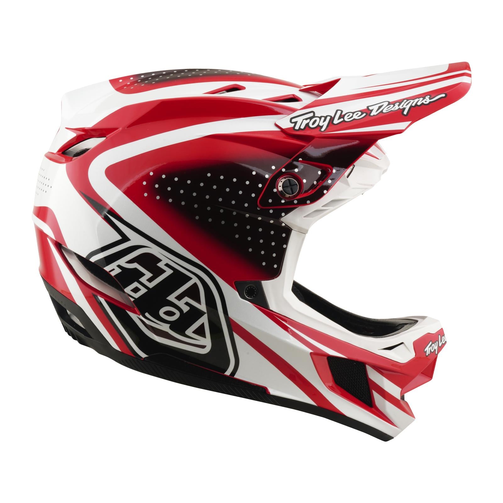 The TLD 26.1 D4 AS Polyacrylite Helmet in The Line Fire/White is a red, white, and black full-face mountain bike helmet with Troy Lee Designs branding, aerodynamic vents, and advanced Mips brain protection.