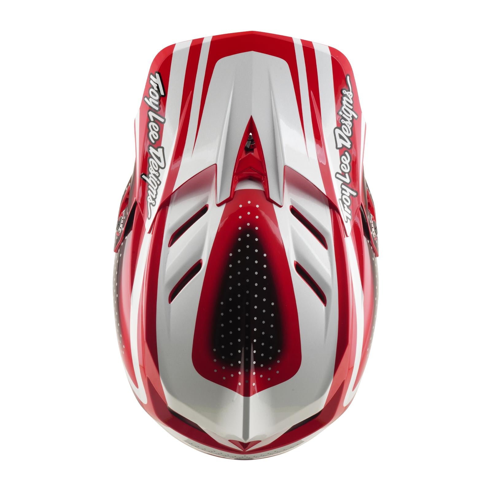 Top view of the TLD 26.1 D4 AS Polyacrylite Helmet in The Line Fire/White, a red and silver full-face helmet with ventilation holes, "Troy Lee Designs" logos on both sides, and Mips brain protection for mountain biking.