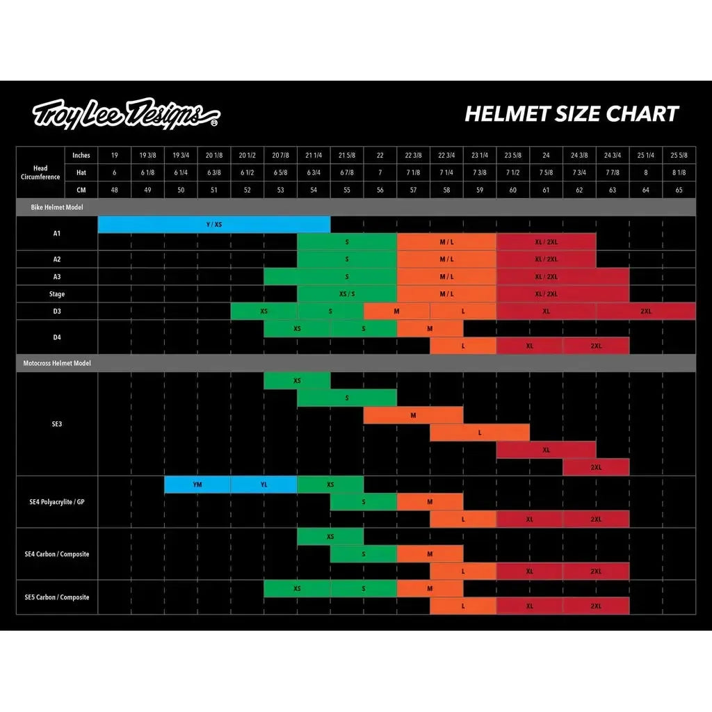 Troy Lee Designs size chart for the TLD 25.2 D4 Carbon Helmet Mips Stealth Black shows head circumferences (in/cm) for sizes XS–3XL, covering adult and youth Moto/SE and MTB models, plus Mips protection options.