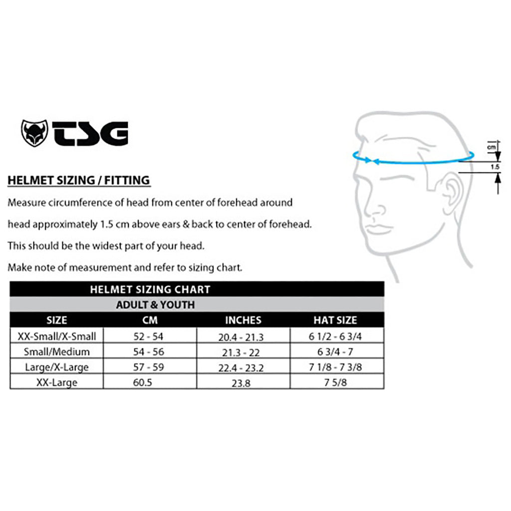 Helmet sizing chart with head measurement guide, illustration, and size conversions (cm, inches, hat sizes) for adult and youth helmets featuring the classic full-cut design of the TSG Dawn Flex Helmet Black.