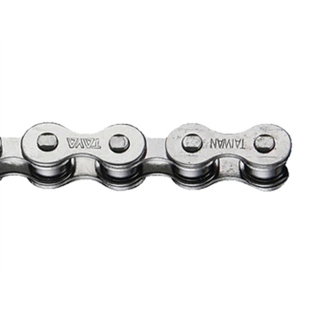 Close-up of the Taya 408H Chain (3/32 Inch) in silver, featuring "TAIWAN" engraved on the metal links—designed for 1/2 x 3/32 chainrings and perfect for quiet running on BMX race bikes.