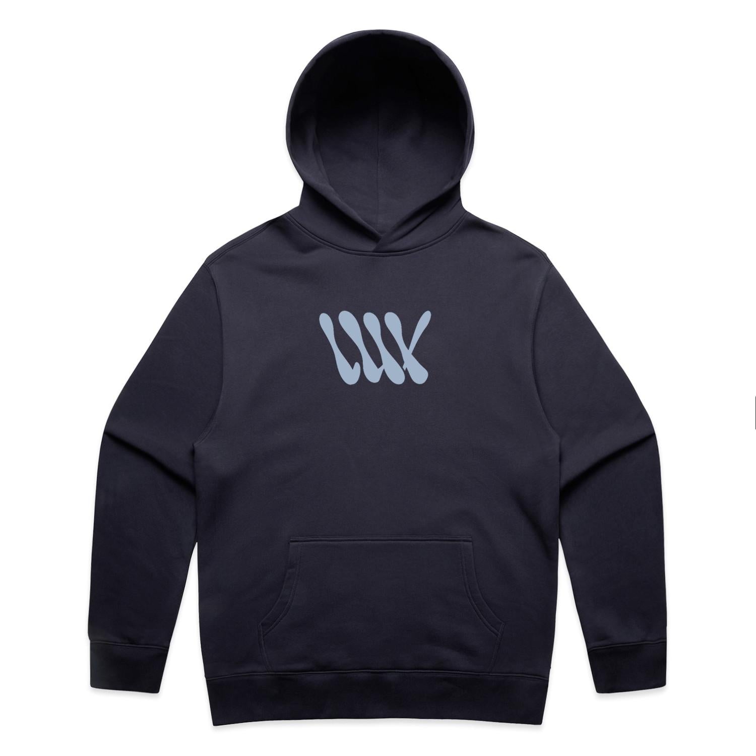 Introducing the LUXBMX Times Neue Hoodie Ink Blue—a heavyweight pullover fleece hooded sweatshirt in a sleek black shade, highlighted by a light blue abstract "MW" or "WW" logo on the front and a practical front kangaroo pocket. Displayed against a white background, this stylish hoodie is ideal for Bicycle Motocross enthusiasts who value both comfort and style.