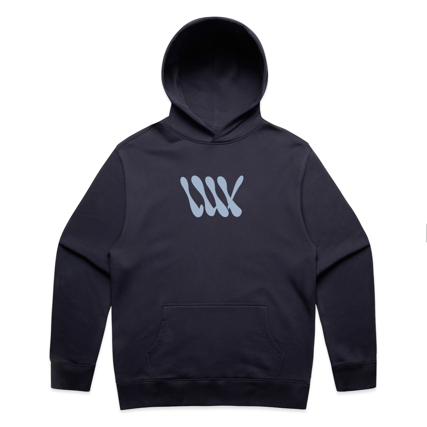 Introducing the LUXBMX Times Neue Hoodie Ink Blue—a heavyweight pullover fleece hooded sweatshirt in a sleek black shade, highlighted by a light blue abstract "MW" or "WW" logo on the front and a practical front kangaroo pocket. Displayed against a white background, this stylish hoodie is ideal for Bicycle Motocross enthusiasts who value both comfort and style.