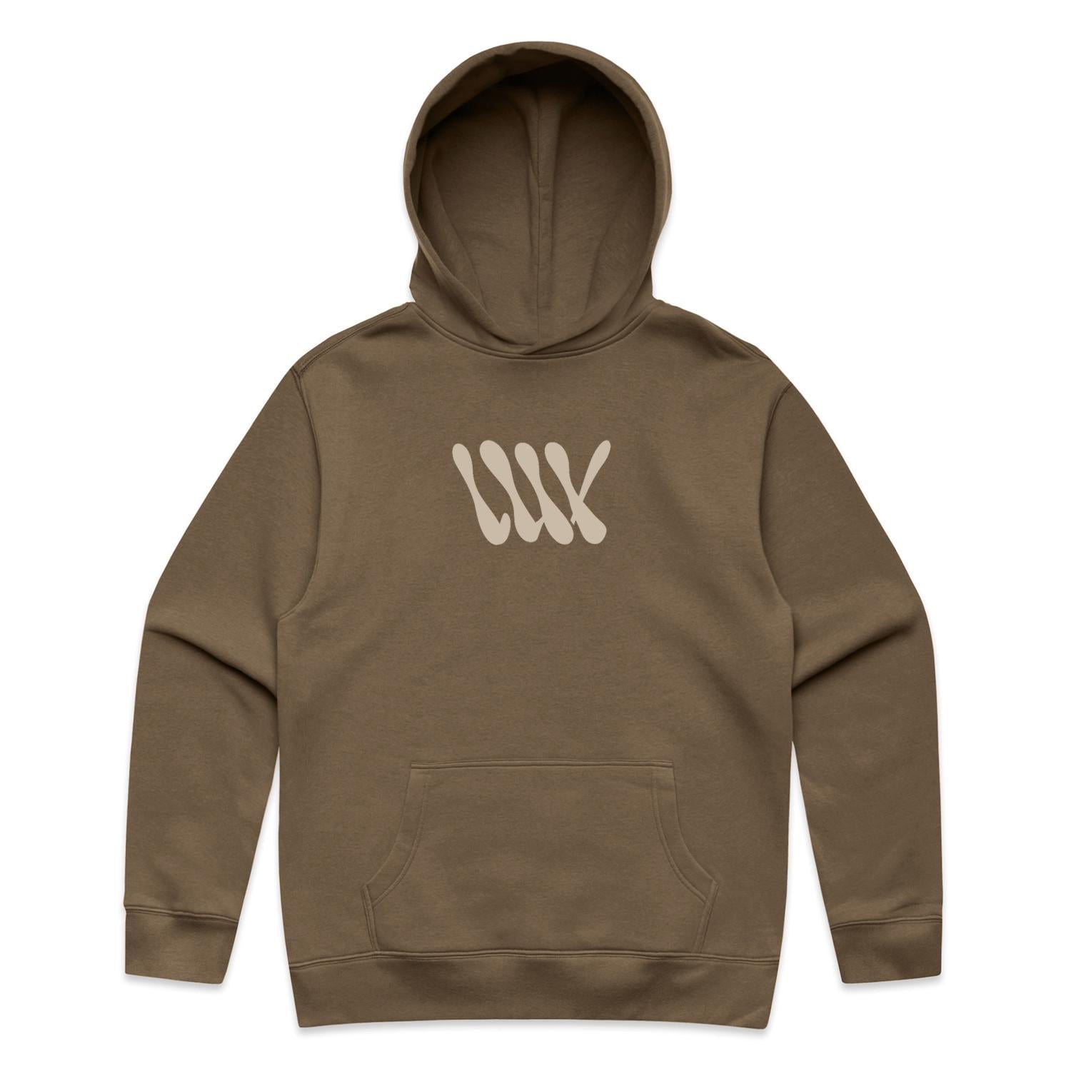 The LUXBMX Times Neue Hoodie Walnut is a heavyweight pullover fleece in brown, featuring a front pocket and a beige abstract "WW" print on the chest—an ideal choice for BMX enthusiasts who want both style and comfort.