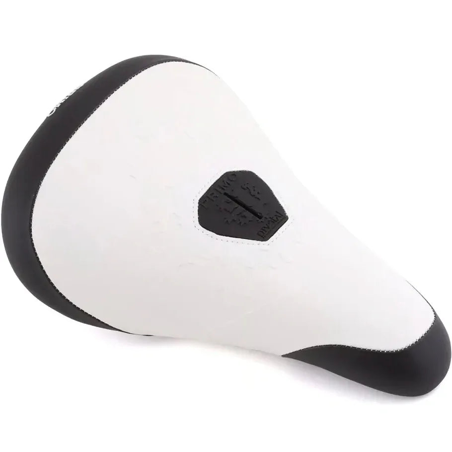 Introducing the Primo Balance Pivotal Seat—a white and black bike seat boasting a wide, cushioned design for maximum comfort. Featuring a striking black patch with embossed text and graphics at the center, this seat adds both style and personality to your ride. Designed exclusively for use with Pivotal seatposts, the Primo Balance Pivotal Seat delivers exceptional durability and performance, making it an ideal choice for riders who prioritize comfort without compromising on quality.