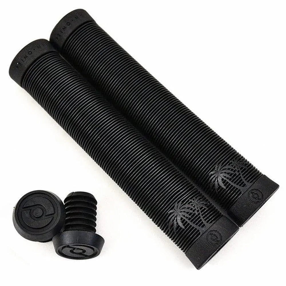 Two black Primo Cali Grips / Supersoft ribbed cylindrical bicycle handlebar grips featuring palm tree designs and a comfortable supersoft ribbed pattern for enhanced grip, accompanied by two matching end caps, displayed on a white background.
