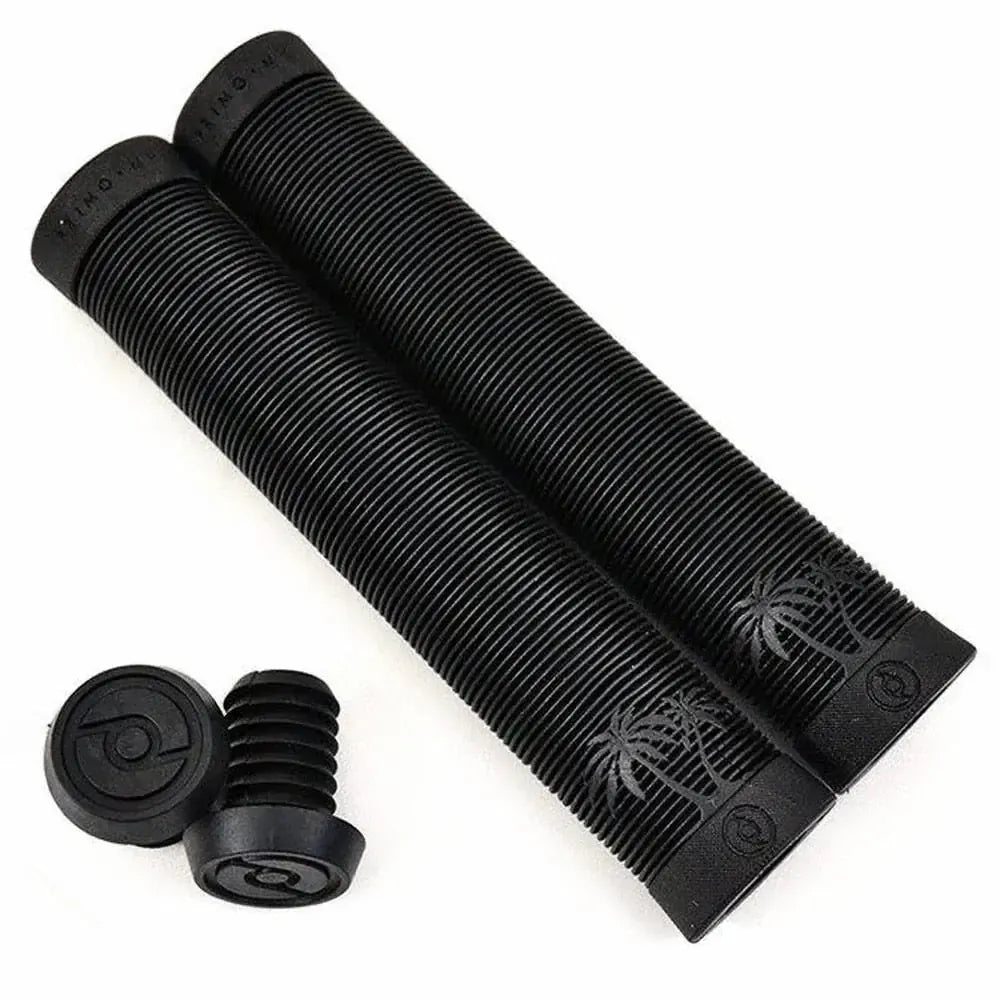 Two black Primo Cali Grips / Supersoft ribbed cylindrical bicycle handlebar grips featuring palm tree designs and a comfortable supersoft ribbed pattern for enhanced grip, accompanied by two matching end caps, displayed on a white background.