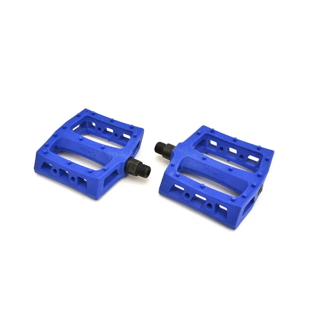 Two blue rectangular Primo JJ Palmere Signature Plastic Pedals with durable black chromoly spindles are placed on a white background, each featuring the iconic Primo logo.